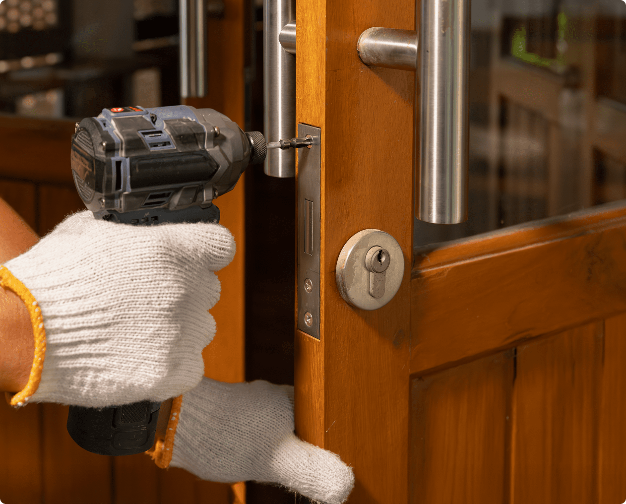 Drilling door lock with power tool
